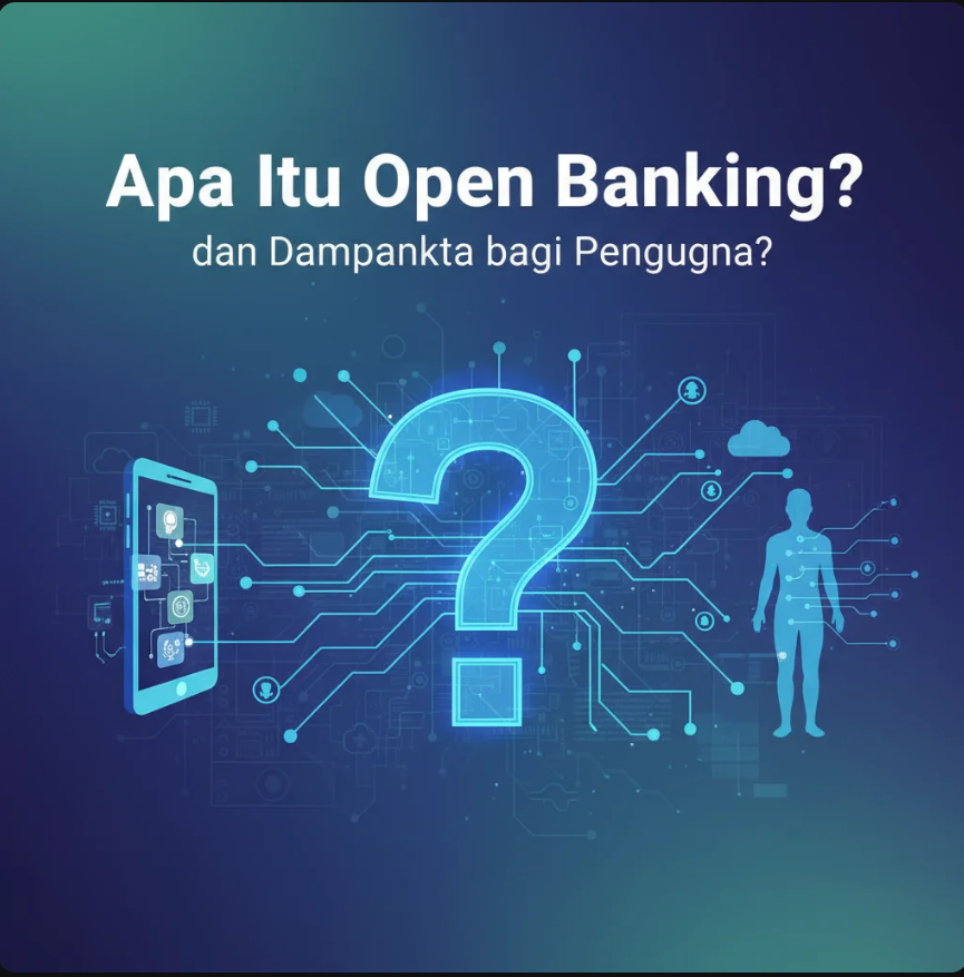 Ilustrasi koneksi data antara bank dan aplikasi digital melalui jaringan finansial modern.