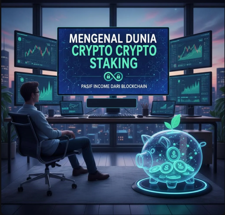 Ilustrasi aset crypto yang distaking dengan simbol blockchain dan grafik pasif income.