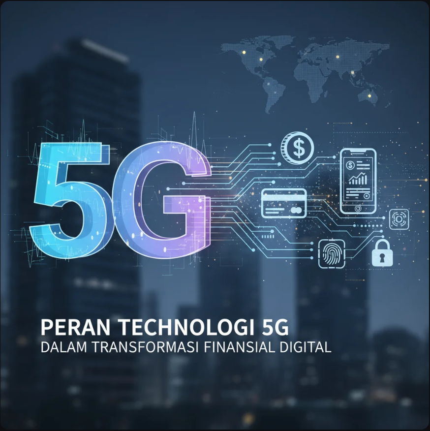 Ilustrasi koneksi 5G menghubungkan dunia finansial digital melalui jaringan global.