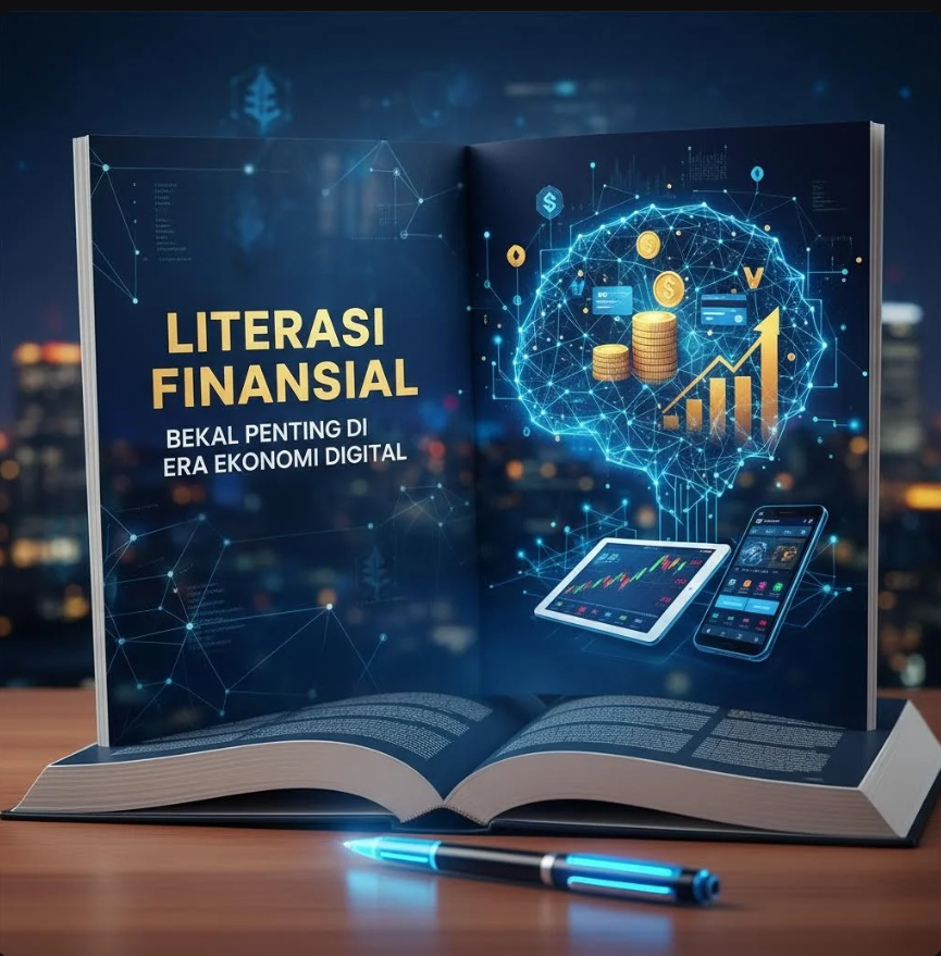 Ilustrasi edukasi finansial dengan grafik digital, dompet elektronik, dan ikon ekonomi modern