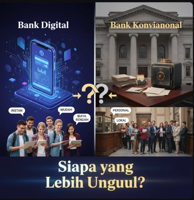 Perbandingan antara bank digital di smartphone dan bank konvensional dengan gedung fisik modern