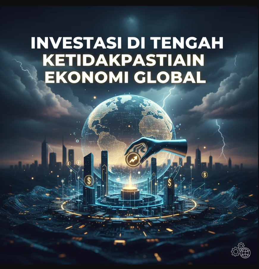 Investor memegang globe transparan dengan latar belakang grafik keuangan yang bergejolak, menggambarkan investasi di era ketidakpastian global.