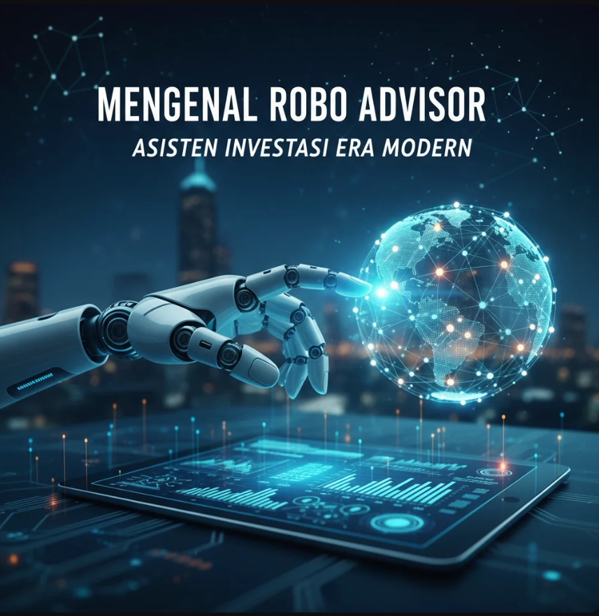 Ilustrasi tangan manusia dan robot bekerja sama mengelola investasi digital di layar futuristik.