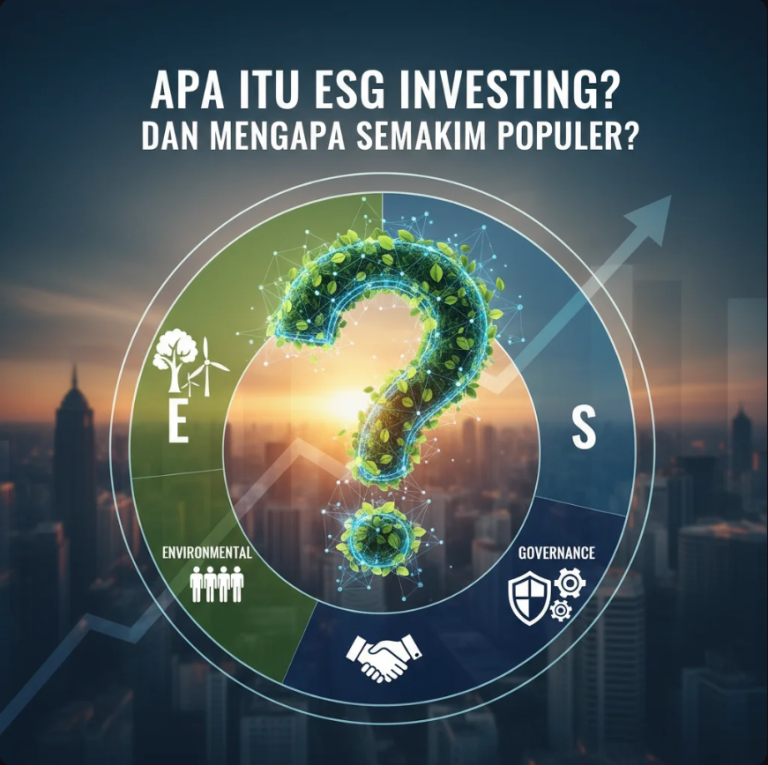 Investor melihat grafik hijau bertuliskan ESG dengan latar gedung pencakar langit berkonsep ramah lingkungan.