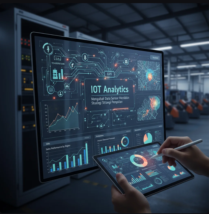 Ilustrasi jaringan blockchain biru yang menghubungkan simbol keuangan digital di ruang data futuristik.