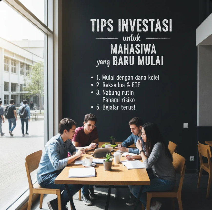 Mahasiswa belajar investasi melalui laptop dengan grafik keuangan sederhana.