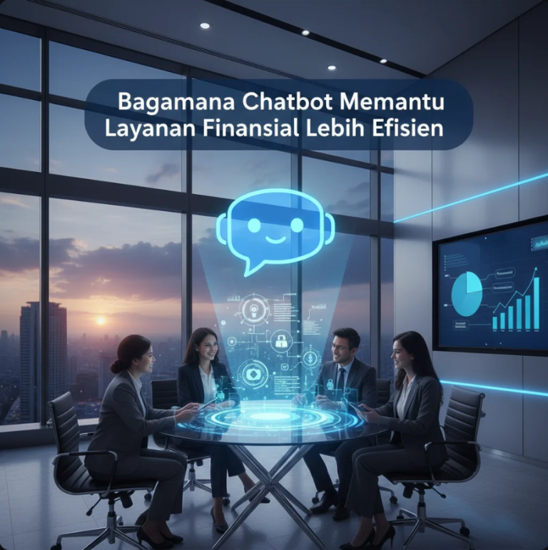 Seorang nasabah berinteraksi dengan chatbot keuangan di layar ponsel, latar belakang data dan grafik keuangan futuristik.