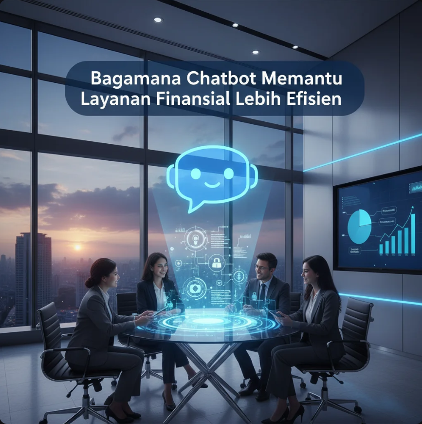 Seorang nasabah berinteraksi dengan chatbot keuangan di layar ponsel, latar belakang data dan grafik keuangan futuristik.