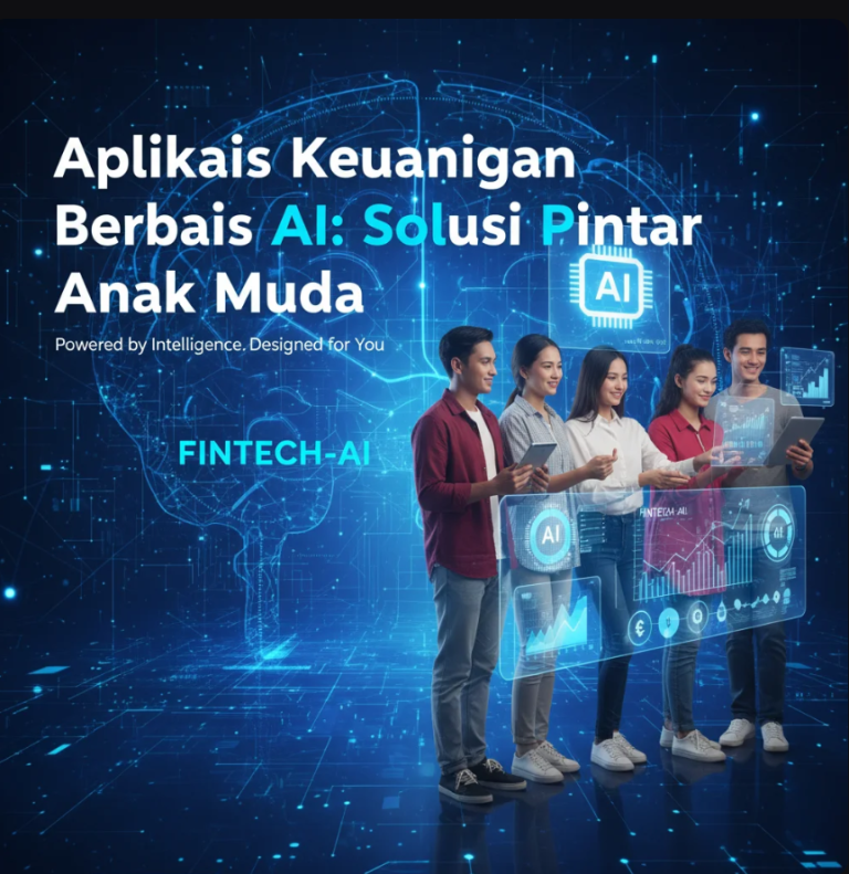 Ilustrasi anak muda menggunakan aplikasi keuangan berbasis AI dengan tampilan data digital holografik.