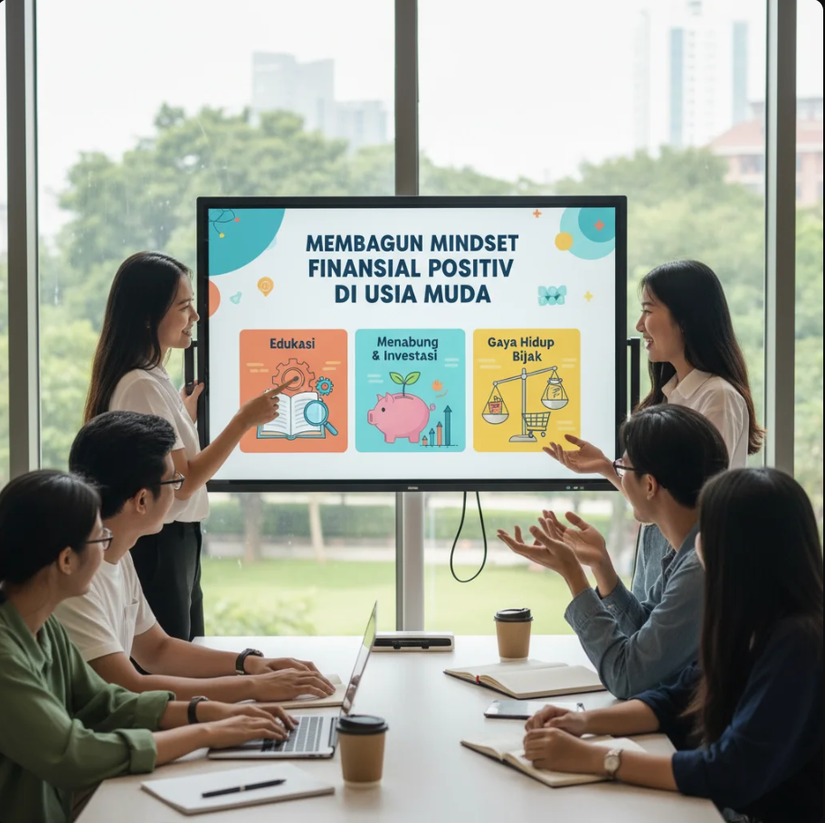 Anak muda tersenyum sambil memegang laptop dan catatan keuangan dengan grafik pertumbuhan di layar.