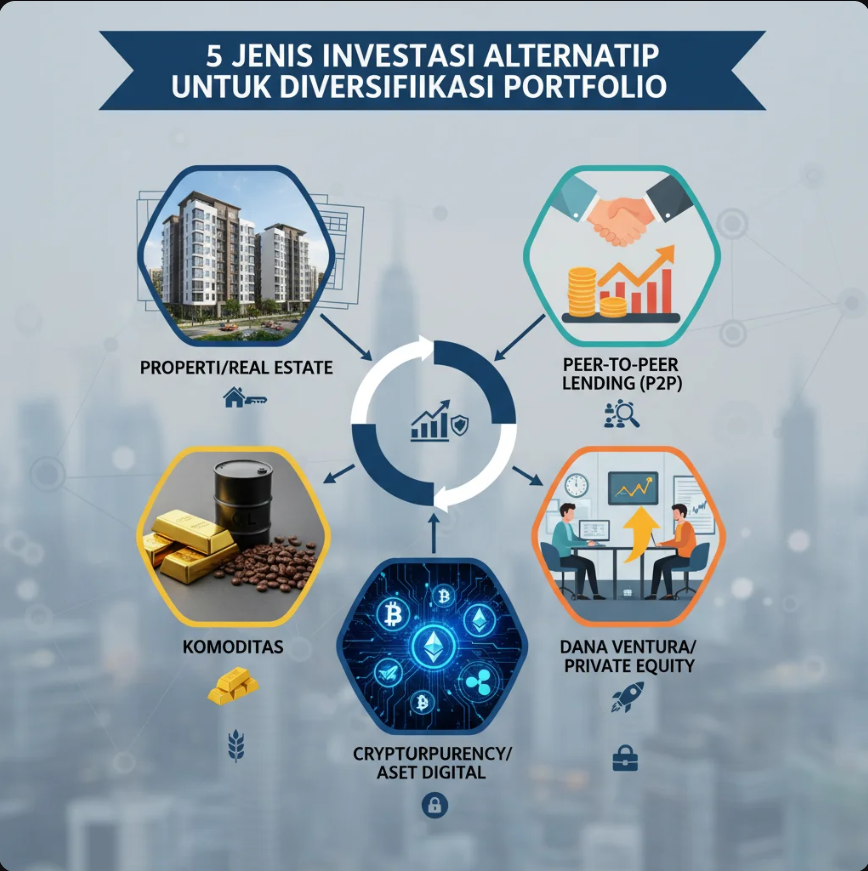 Ilustrasi portofolio investasi dengan berbagai aset seperti properti, emas, grafik digital, dan dokumen finansial.