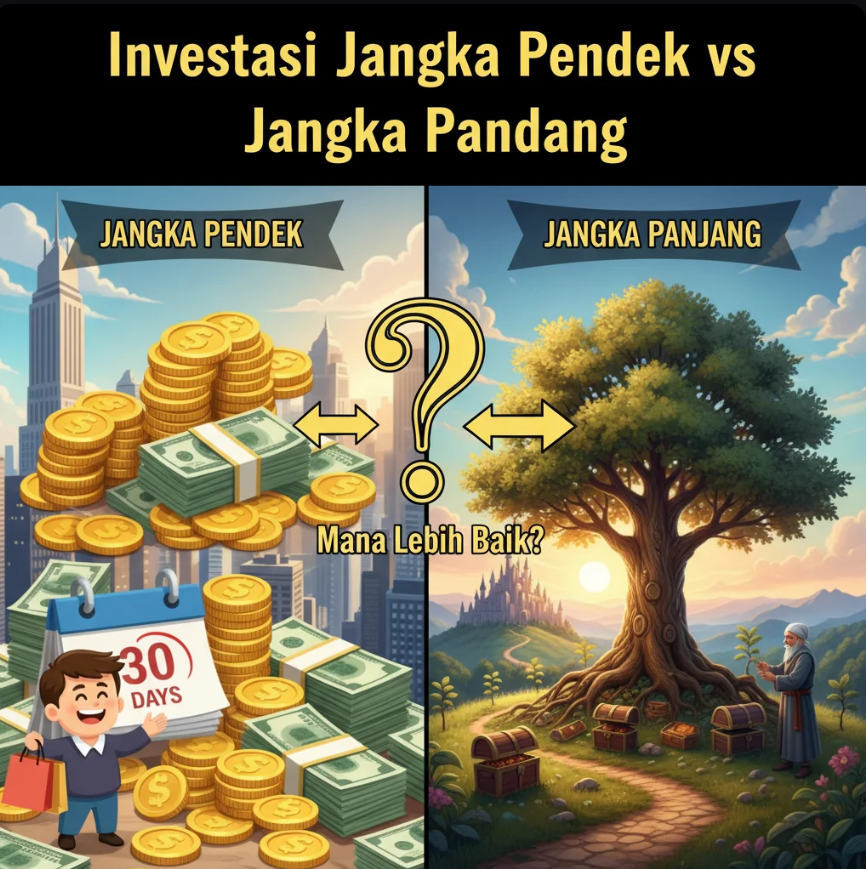 Ilustrasi perbandingan investasi jangka pendek dan jangka panjang dalam grafik pertumbuhan.