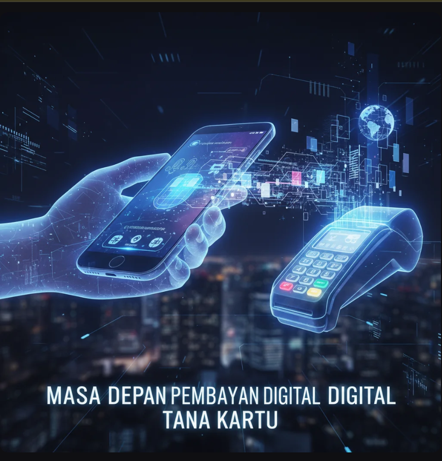 Seorang pengguna melakukan pembayaran digital dengan wajah di mesin kasir futuristik.