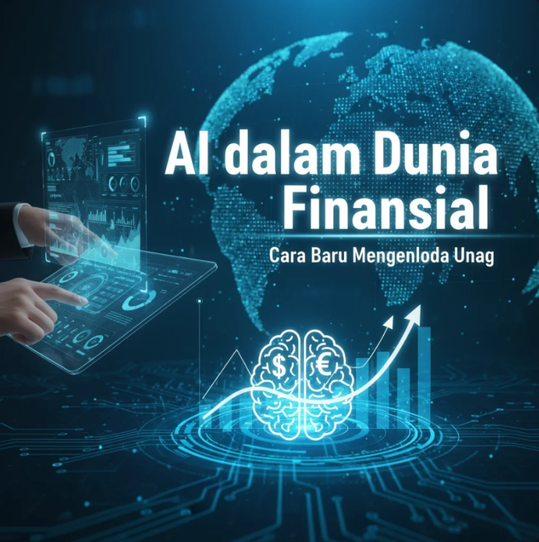 Ilustrasi AI membantu analisis keuangan digital dengan grafik dan data di layar komputer modern.