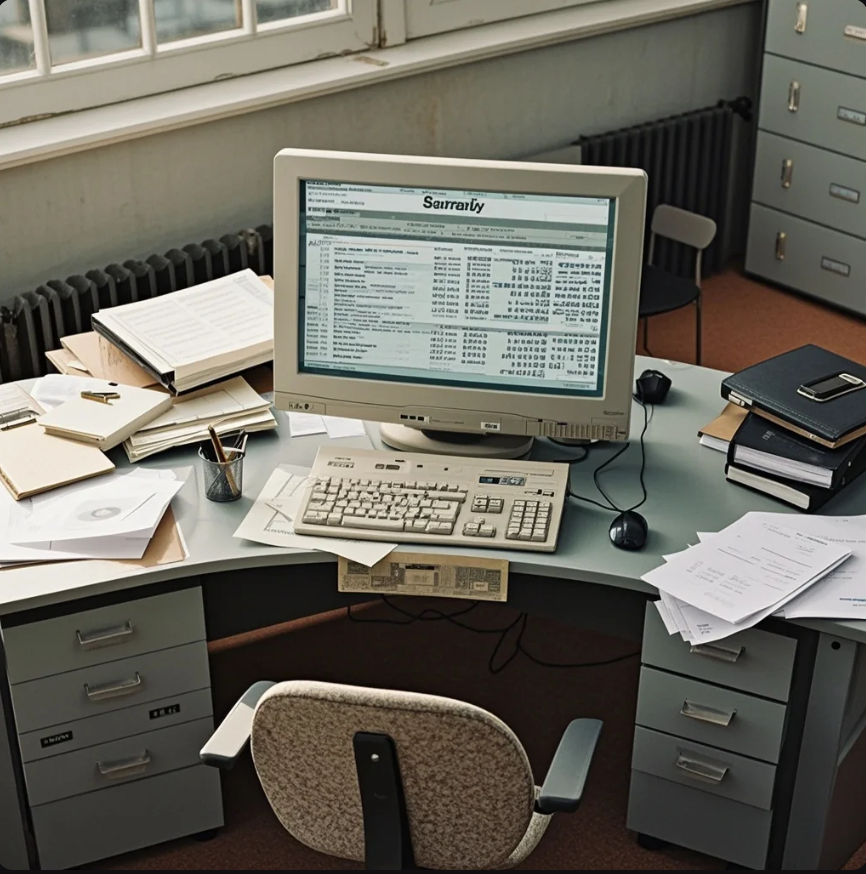 Pemilik usaha kecil meninjau spreadsheet payroll di laptop dengan daftar gaji karyawan dan kalender pembayaran