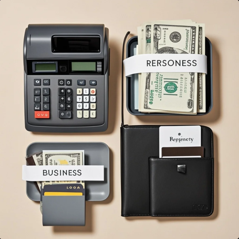 Dua amplop/rekening terpisah bertuliskan ‘Pribadi’ dan ‘Bisnis’ dengan catatan cash flow di meja.