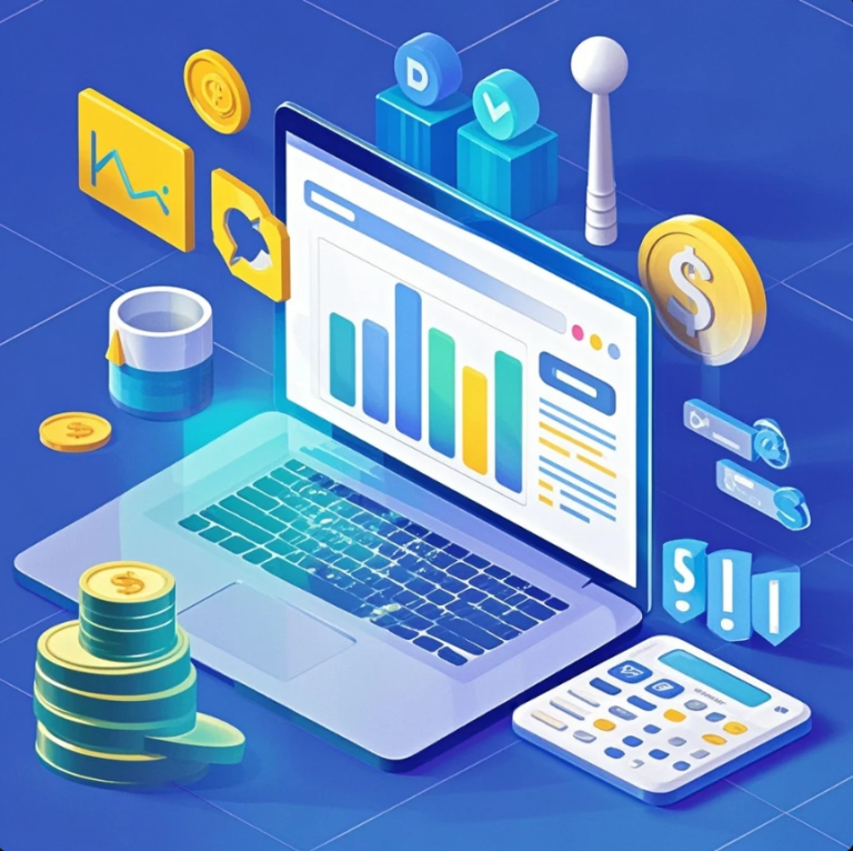 Laptop menampilkan dashboard keuangan dengan grafik pemasukan, pengeluaran, dan invoice di meja kerja