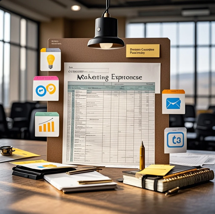 Ilustrasi manajer marketing merencanakan anggaran dengan grafik dan laptop di meja kerja