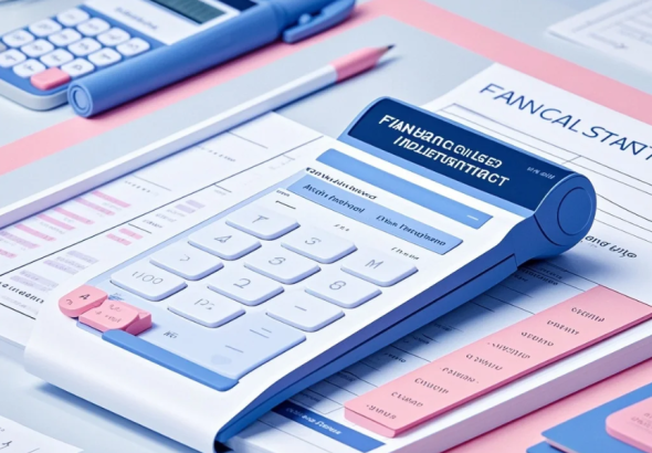 Pemilik bisnis kecil memeriksa catatan transaksi di laptop dengan kalkulator dan buku catatan di meja