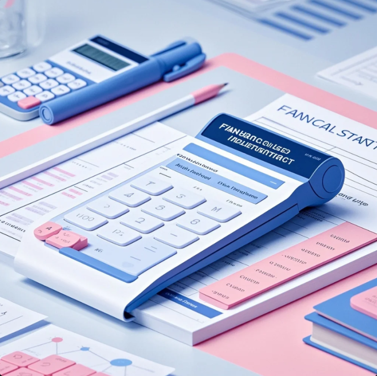 Pemilik bisnis kecil memeriksa catatan transaksi di laptop dengan kalkulator dan buku catatan di meja