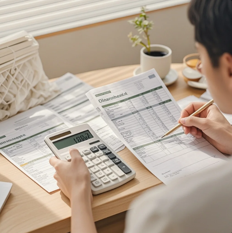 Pemilik bisnis rumahan mencatat pemasukan dan pengeluaran di meja kerja dengan laptop dan kalkulator