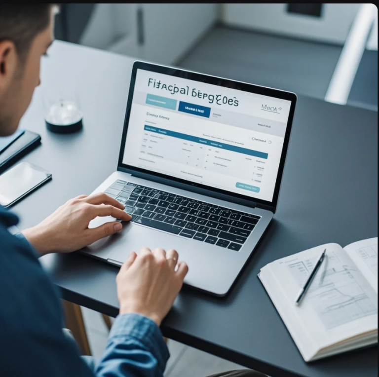 Seorang freelancer kreatif bekerja dengan laptop dan tablet, sambil mencatat anggaran di buku keuangan di meja kerja