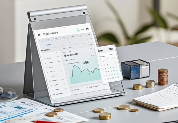Seseorang mencatat pengeluaran harian di smartphone dengan kopi di sampingnya