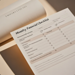 Meja kerja dengan catatan keuangan bulanan, kalkulator, dan kopi