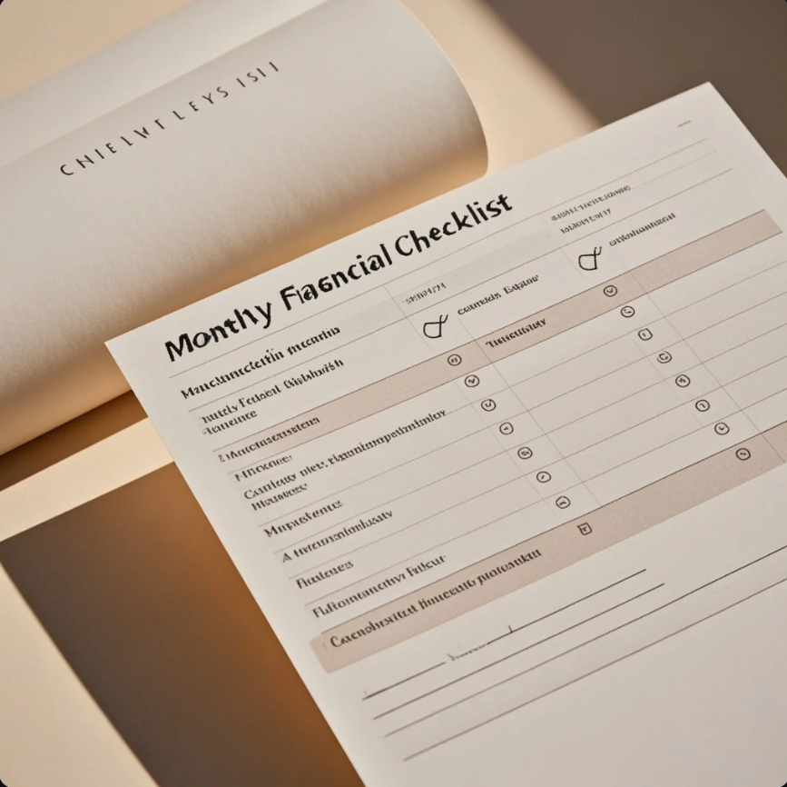 Meja kerja dengan catatan keuangan bulanan, kalkulator, dan kopi