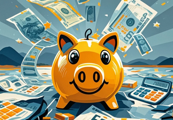 Ilustrasi beberapa amplop dana bertuliskan pajak, servis, dan liburan dengan catatan budgeting